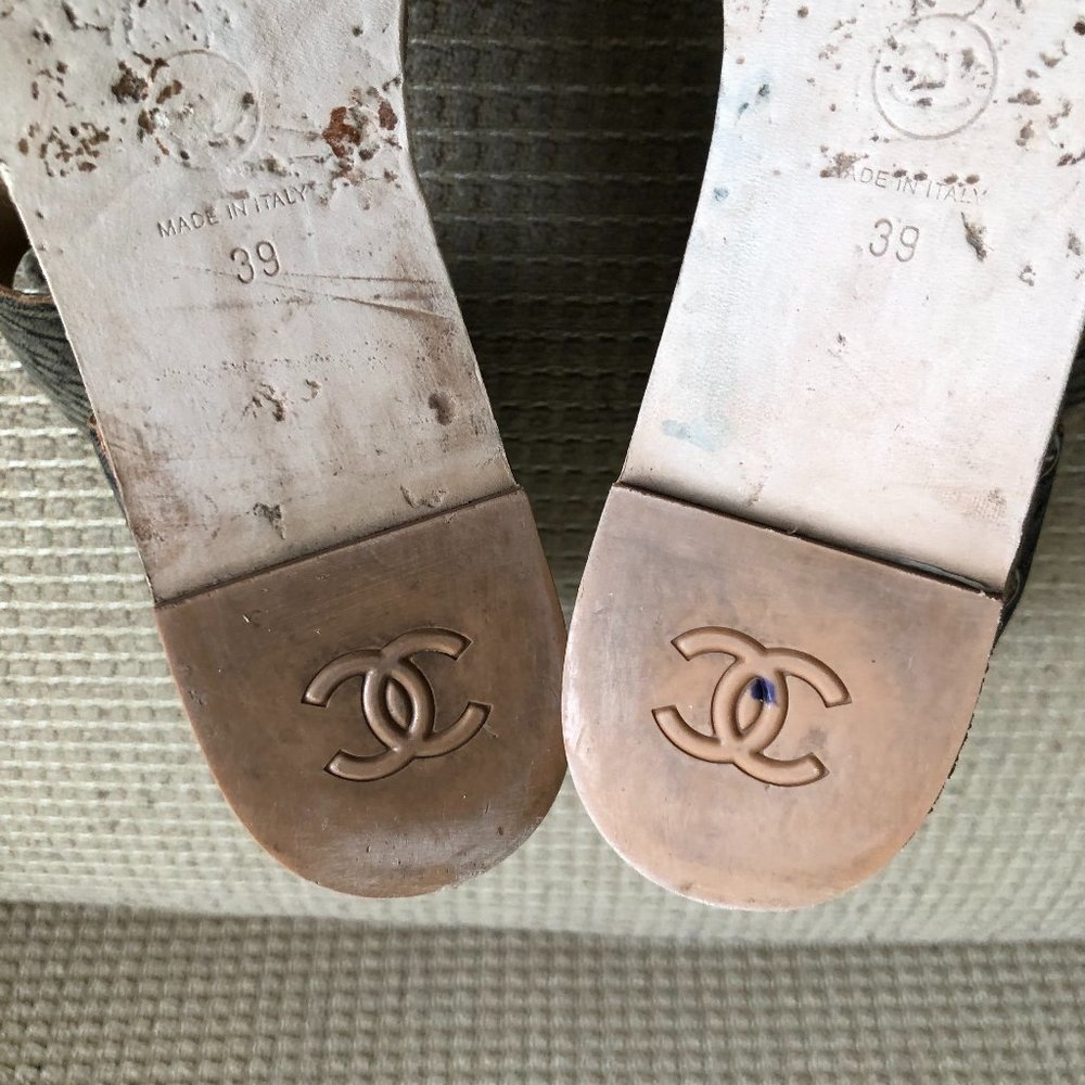 Chanel Women's Gray/Black Animal Print Leather Wedge Sandals. - Picture 10 of 13